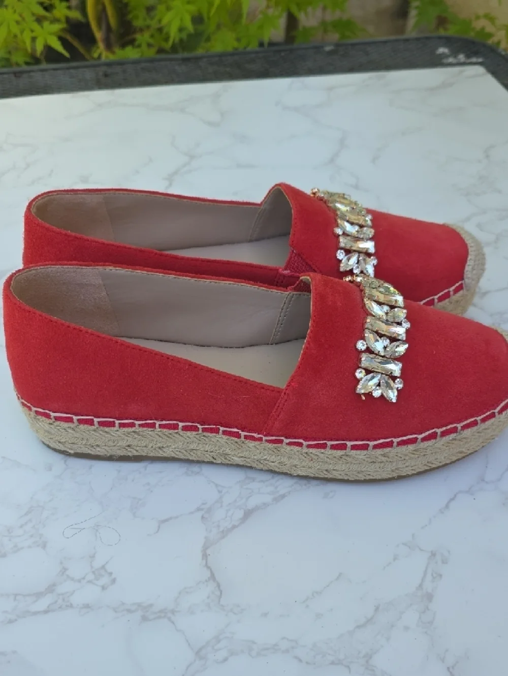 Karl Lagerfeld Size 8.5 Red Suede Jeweled Espadrille Flats Rhinestones Shoes
